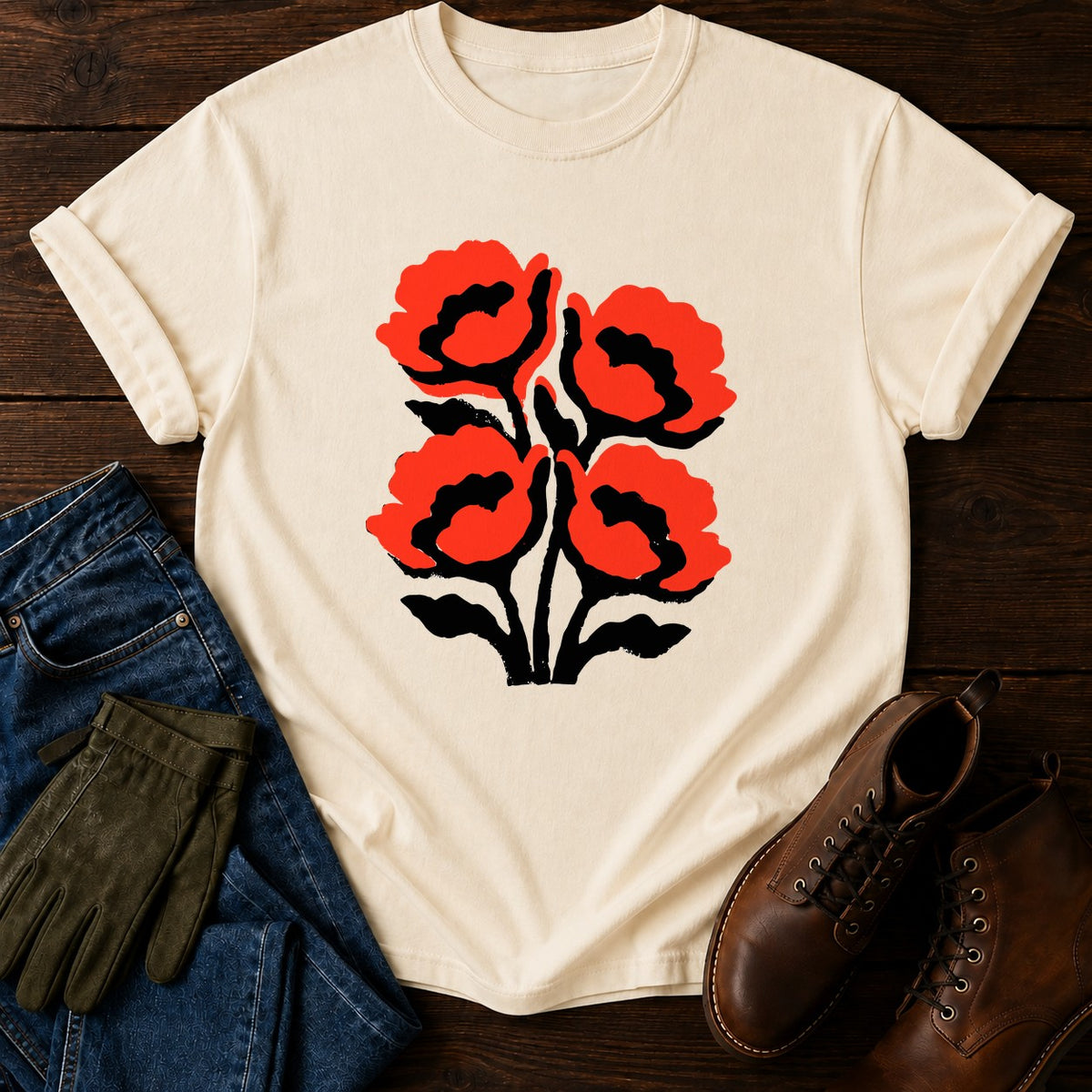 Stamped Poppies T-Shirt — Ivory