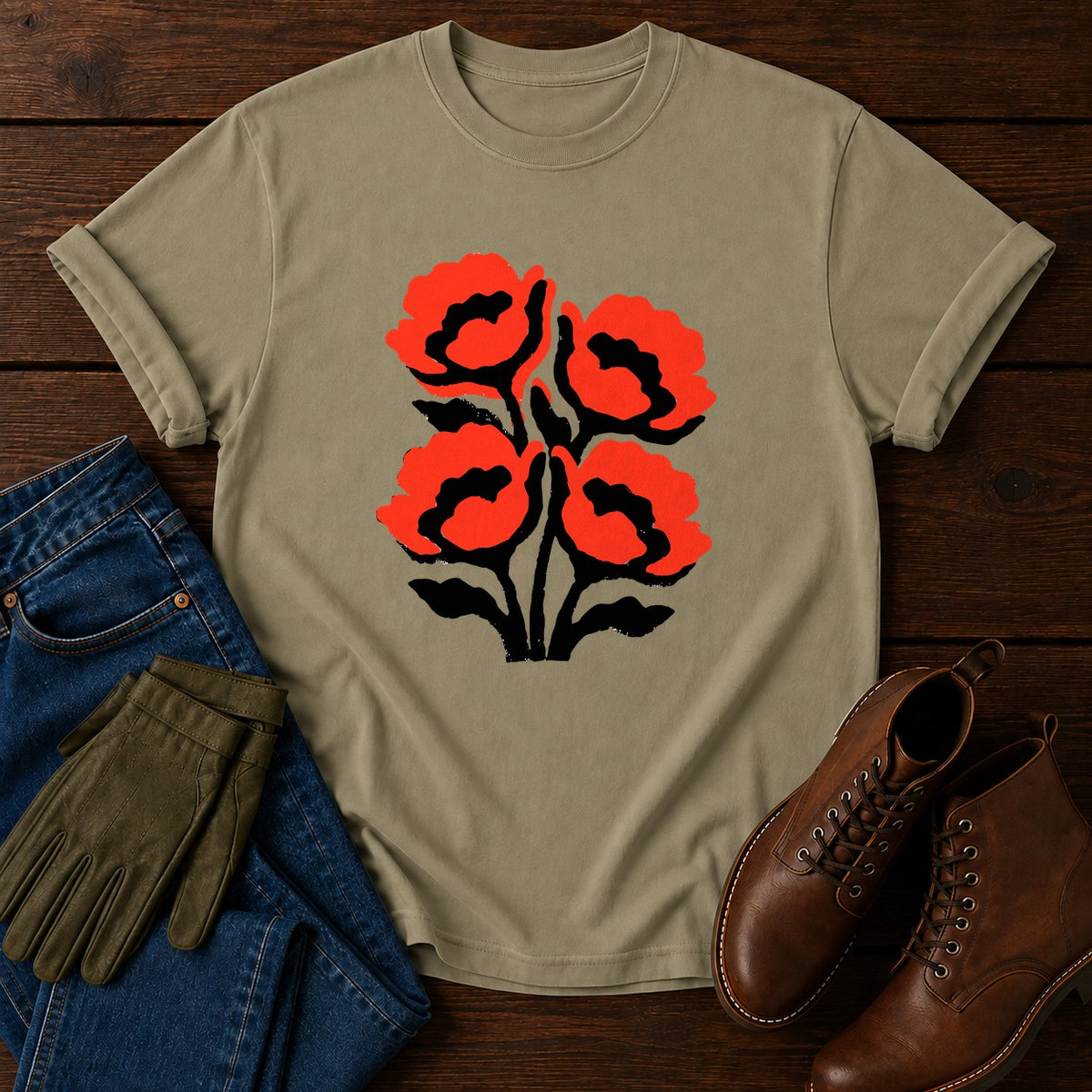 Stamped Poppies T-Shirt — Khaki