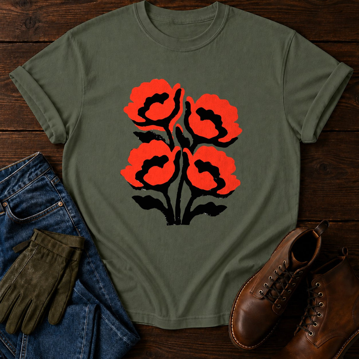 Stamped Poppies T-Shirt — Moss