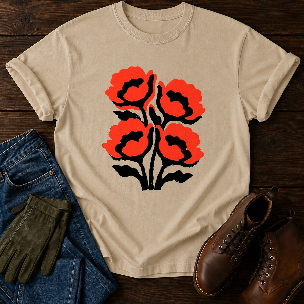 Stamped Poppies T-Shirt — Sandstone