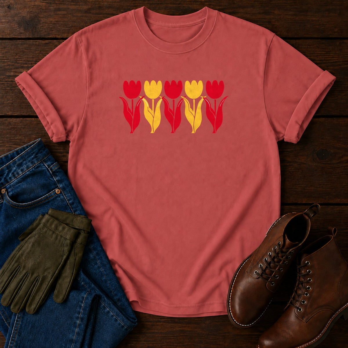 Pressed Ink Tulips T-Shirt — Crimson