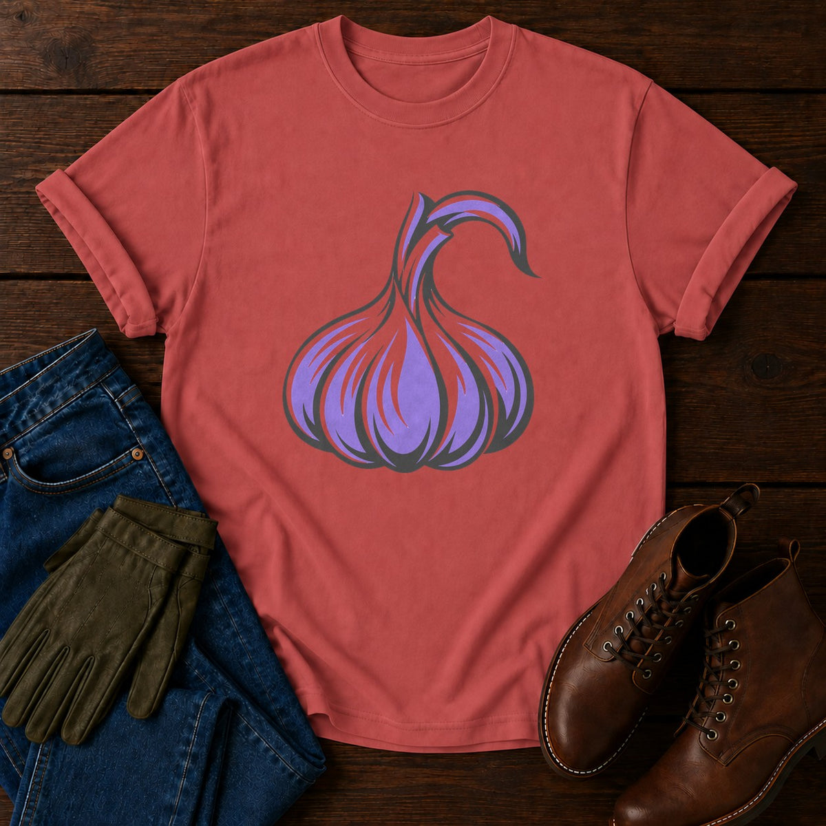 Block Garlic T-Shirt — Crimson