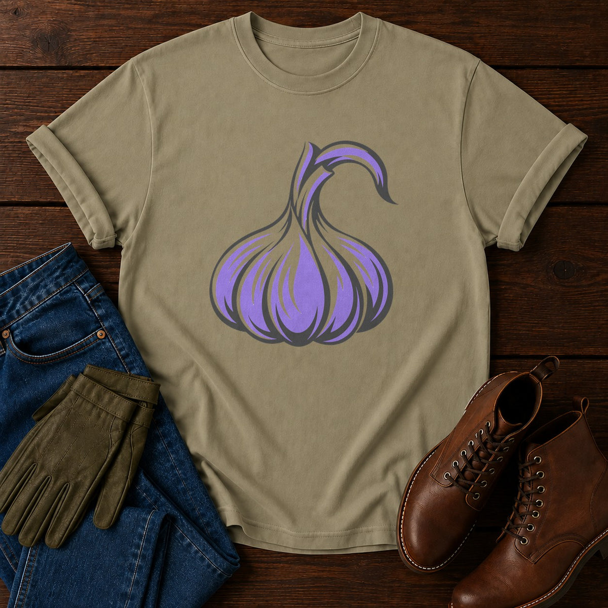 Block Garlic T-Shirt — Khaki