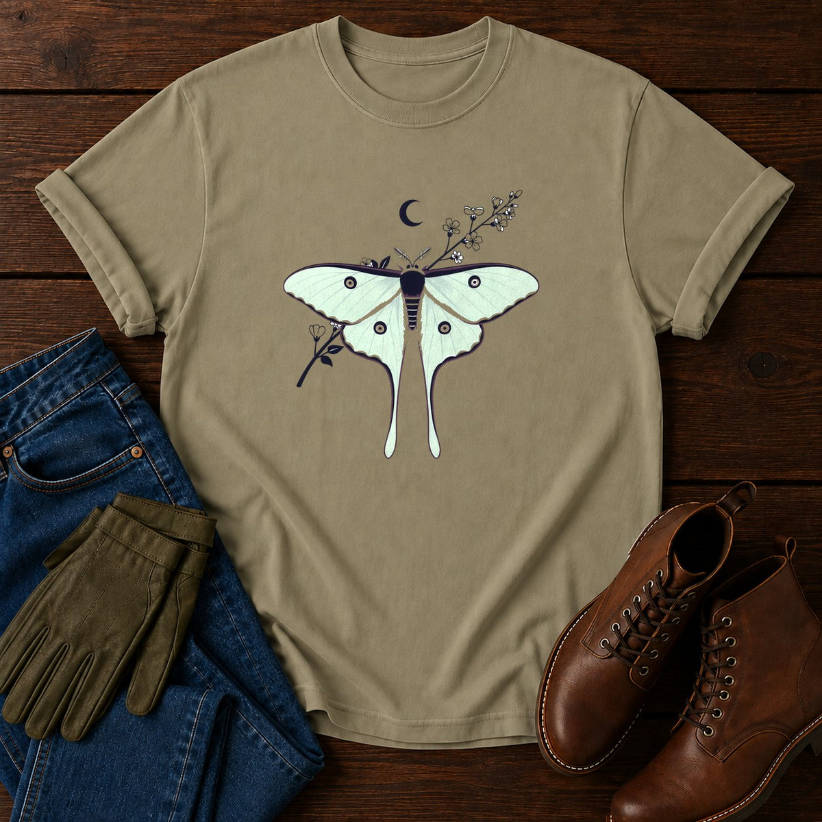 Luna Moth Night T-Shirt — Khaki