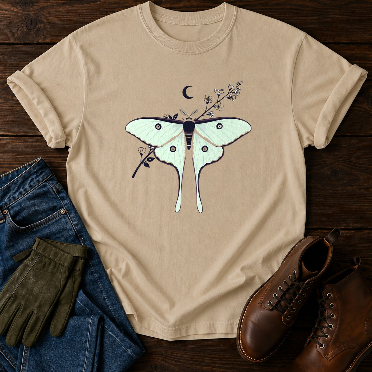 Luna Moth Night T-Shirt — Sandstone