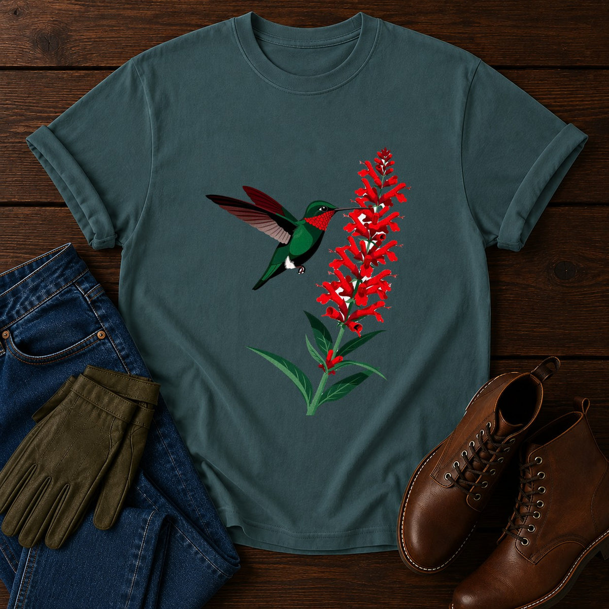 Hummingbird And Salvia T-Shirt — Blue Spruce