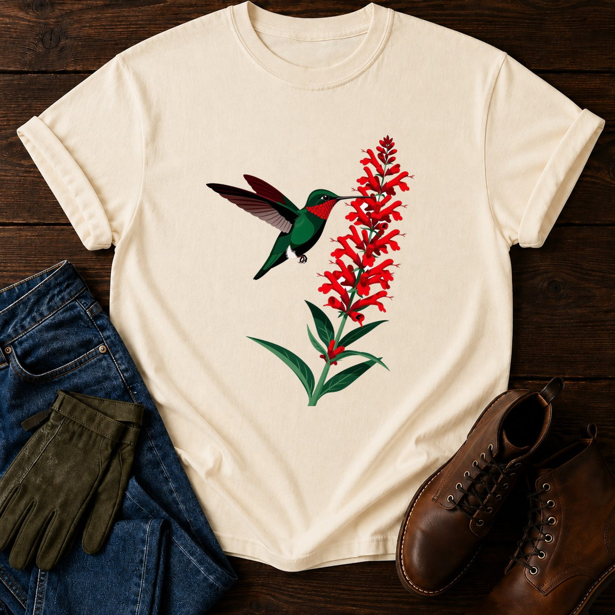 Hummingbird And Salvia T-Shirt — Ivory