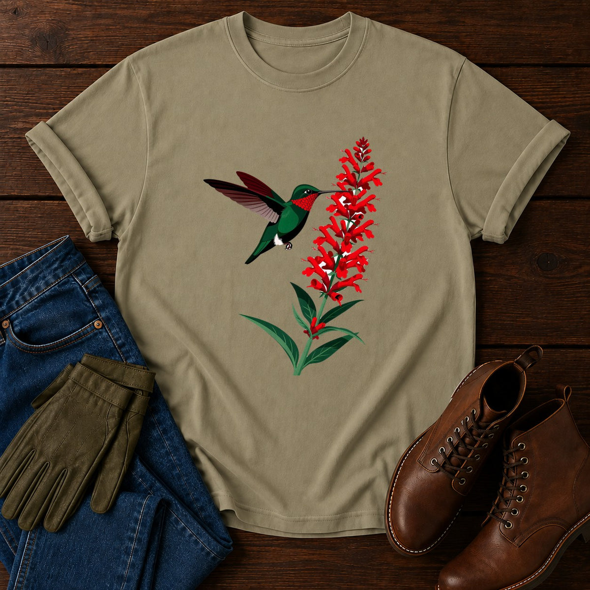 Hummingbird And Salvia T-Shirt — Khaki