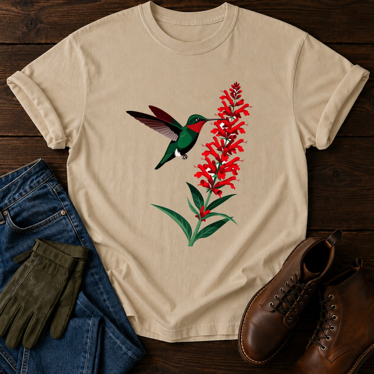 Hummingbird And Salvia T-Shirt — Sandstone