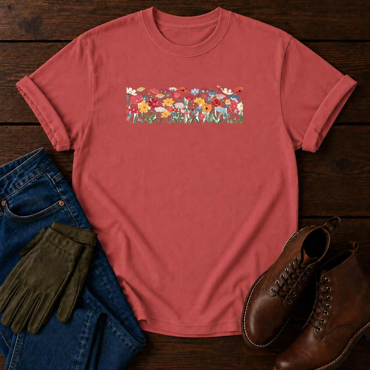 Wildflower Meadow Strip T-Shirt — Crimson
