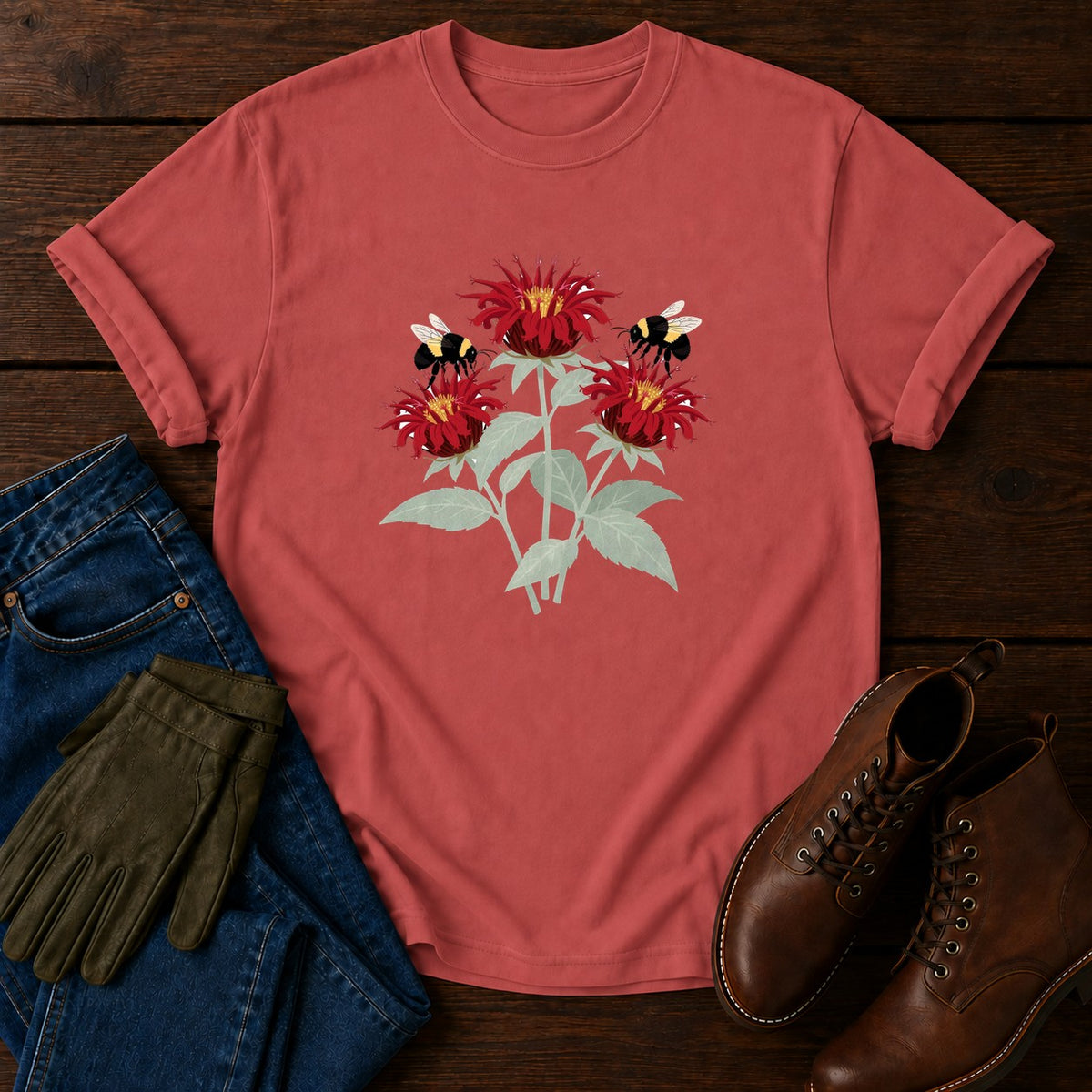 Bee Balm And Bees T-Shirt — Crimson