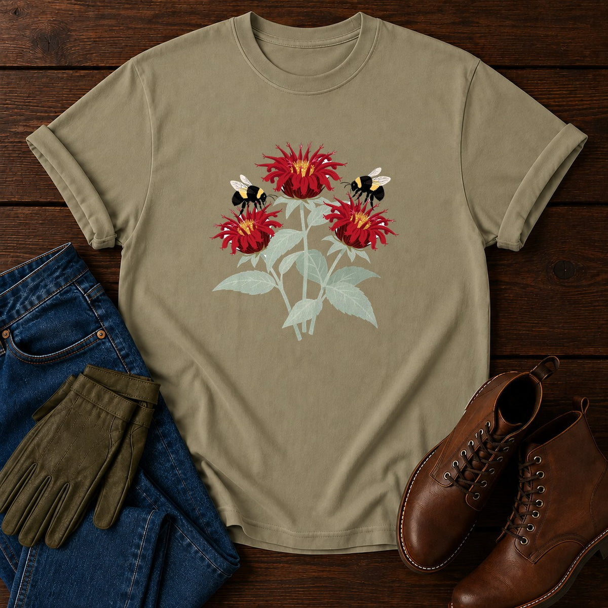 Bee Balm And Bees T-Shirt — Khaki