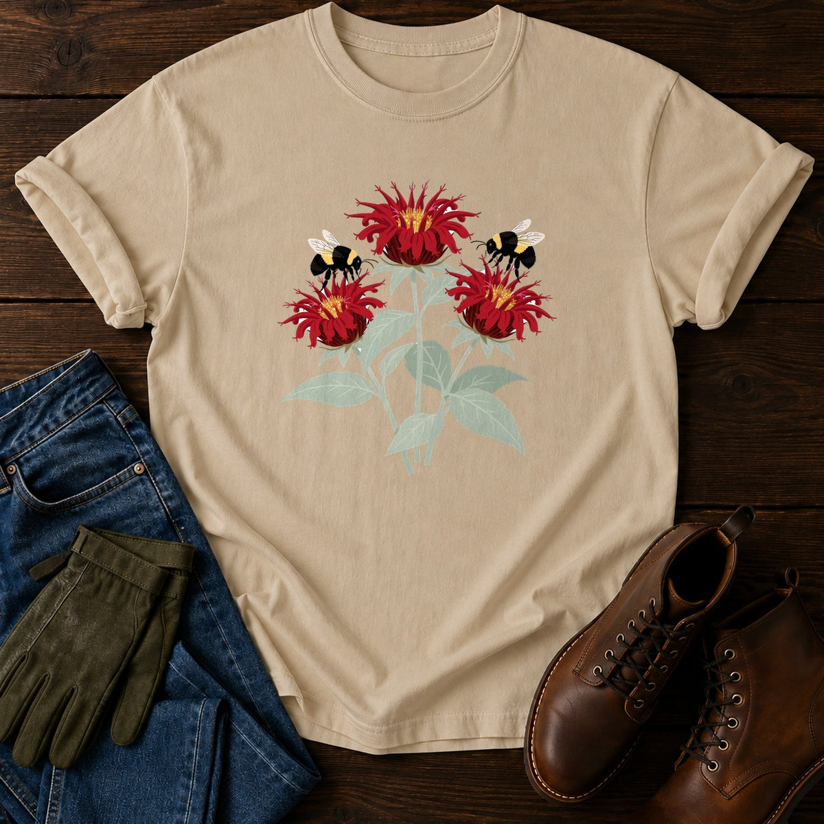 Bee Balm And Bees T-Shirt — Sandstone