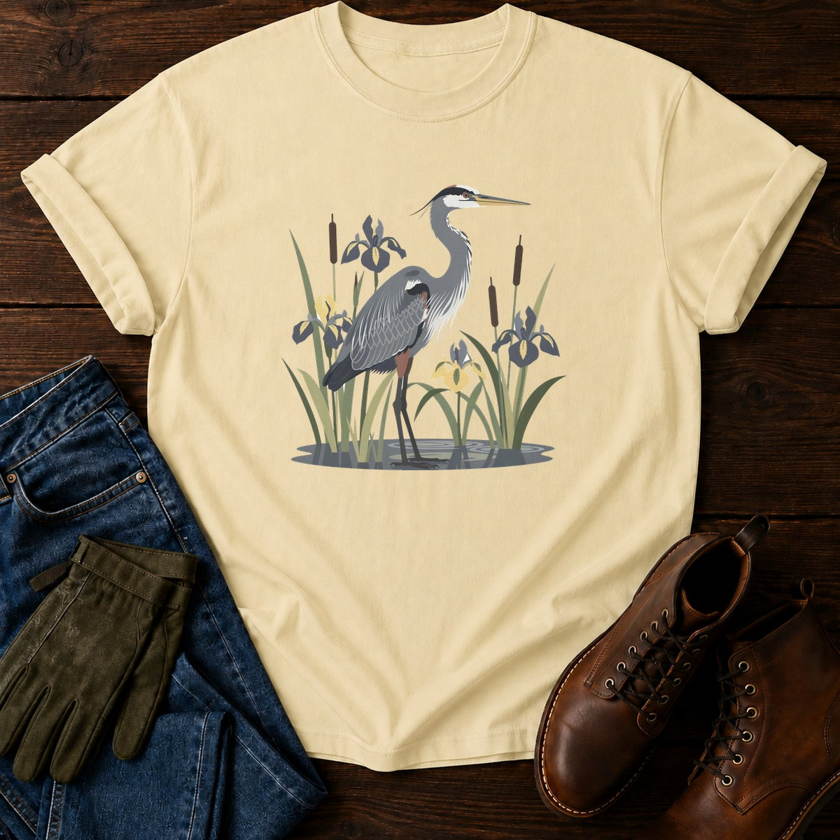 Heron In Reeds T-Shirt — Butter