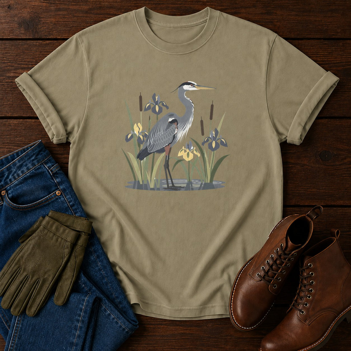 Heron In Reeds T-Shirt — Khaki