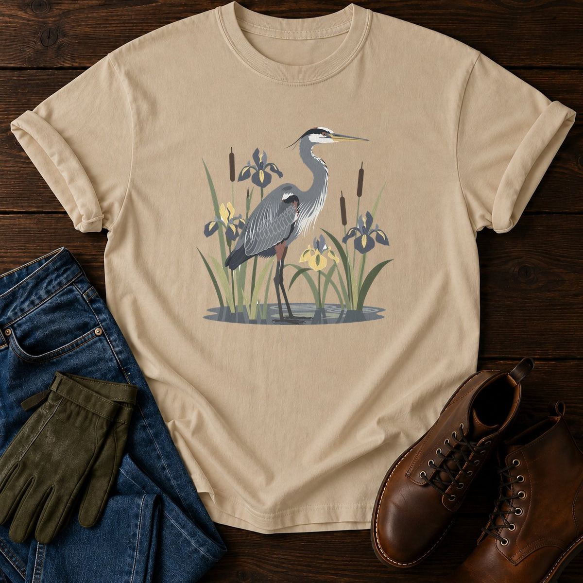 Heron In Reeds T-Shirt — Sandstone