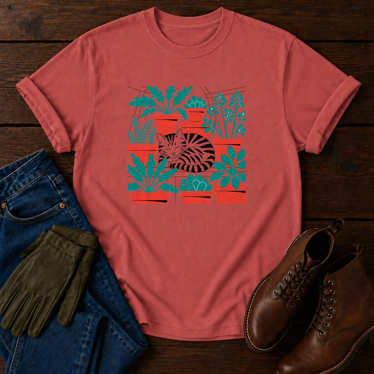 Greenhouse Cat T-Shirt — Crimson