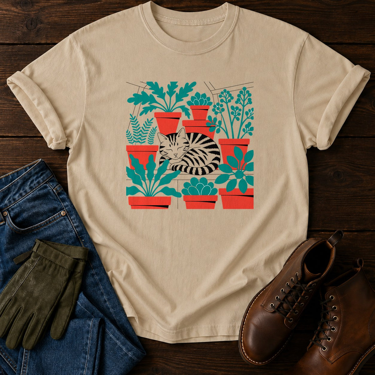 Greenhouse Cat T-Shirt — Sandstone