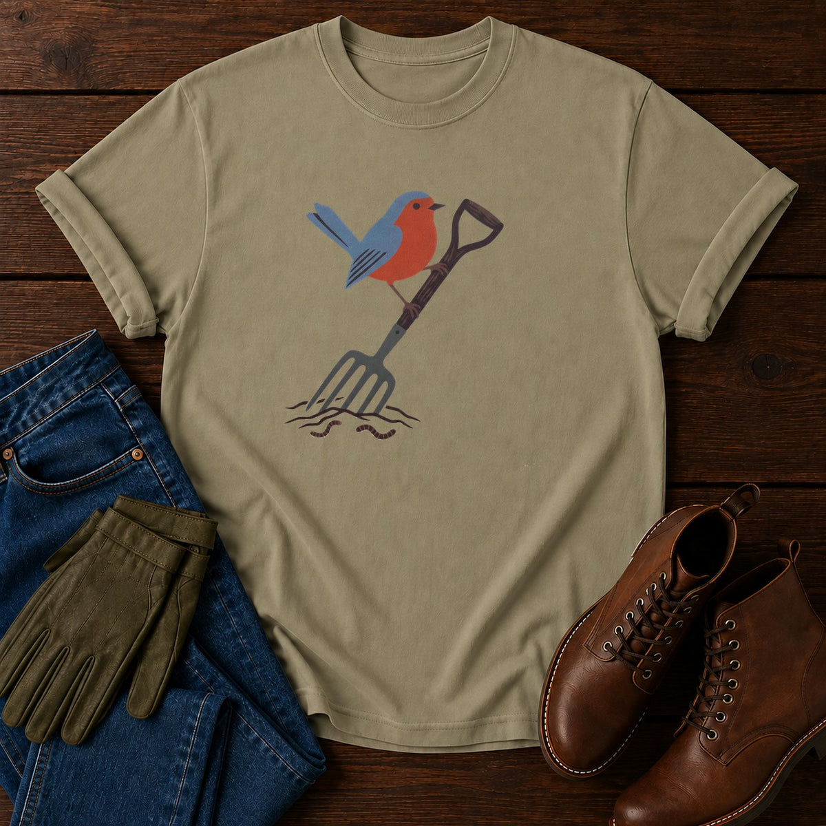 Robin And Fork T-Shirt — Khaki
