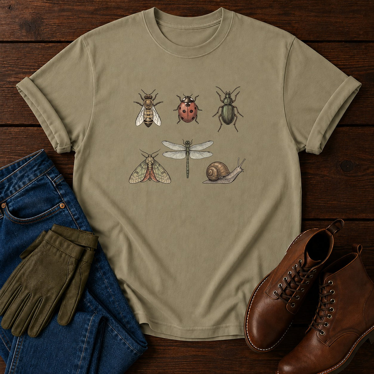 Garden Insects T-Shirt — Khaki