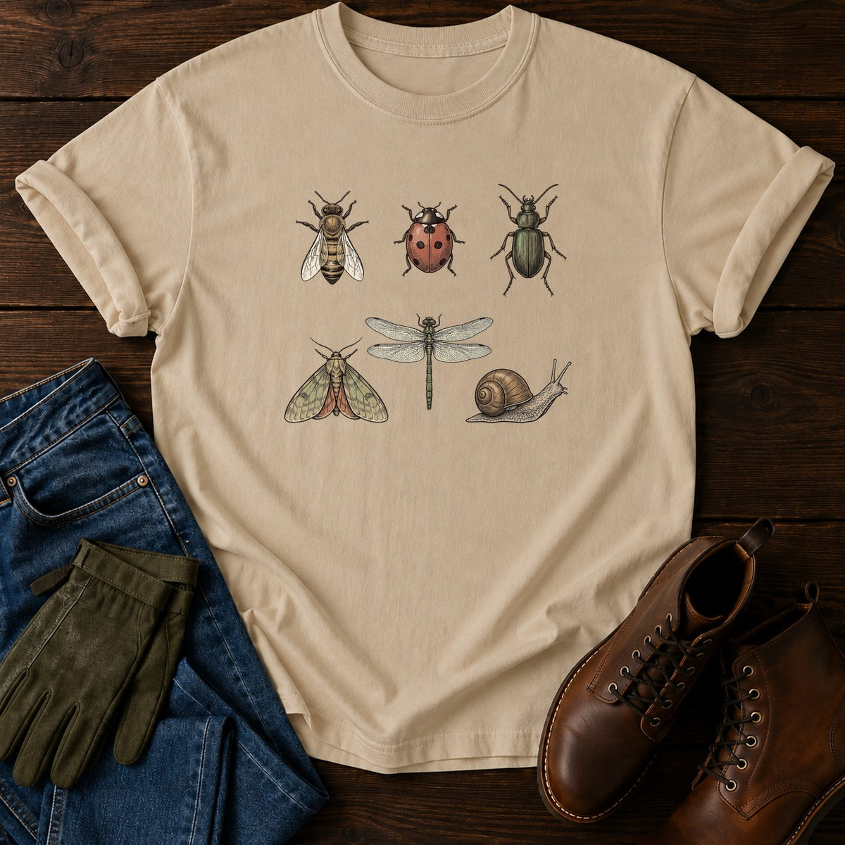 Garden Insects T-Shirt — Sandstone