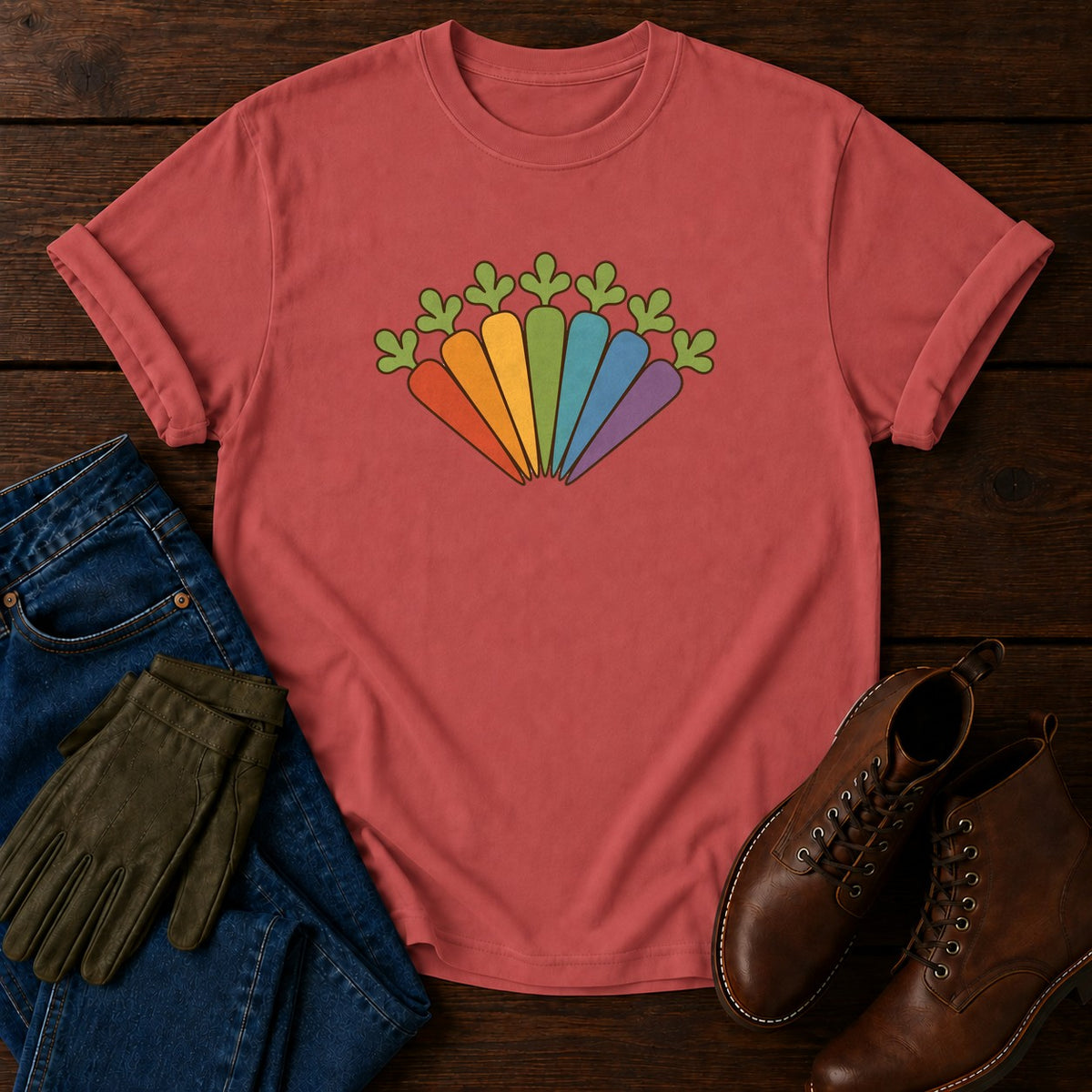 Rainbow Carrot Arc T-Shirt — Crimson