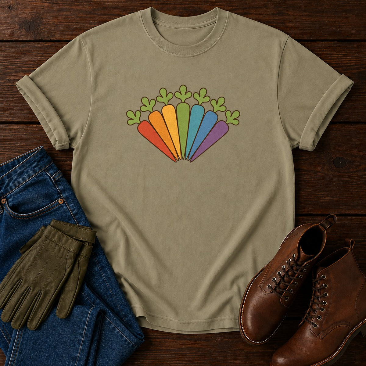 Rainbow Carrot Arc T-Shirt — Khaki