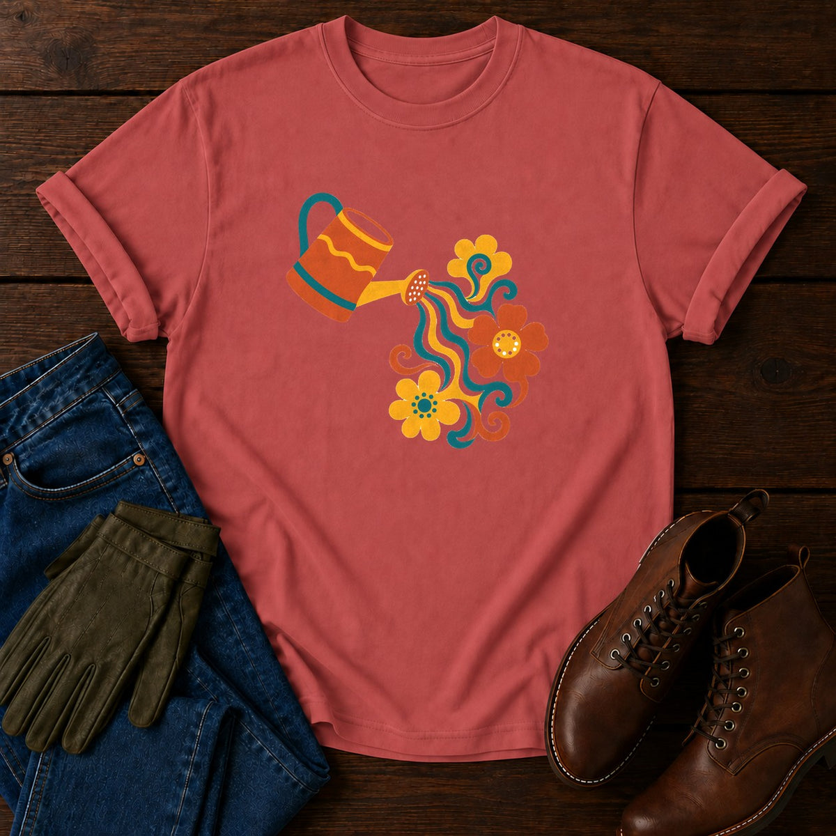 Wavy Watering Can T-Shirt — Crimson