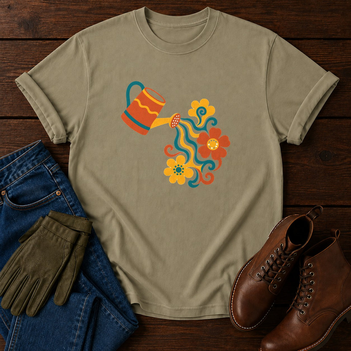 Wavy Watering Can T-Shirt — Khaki