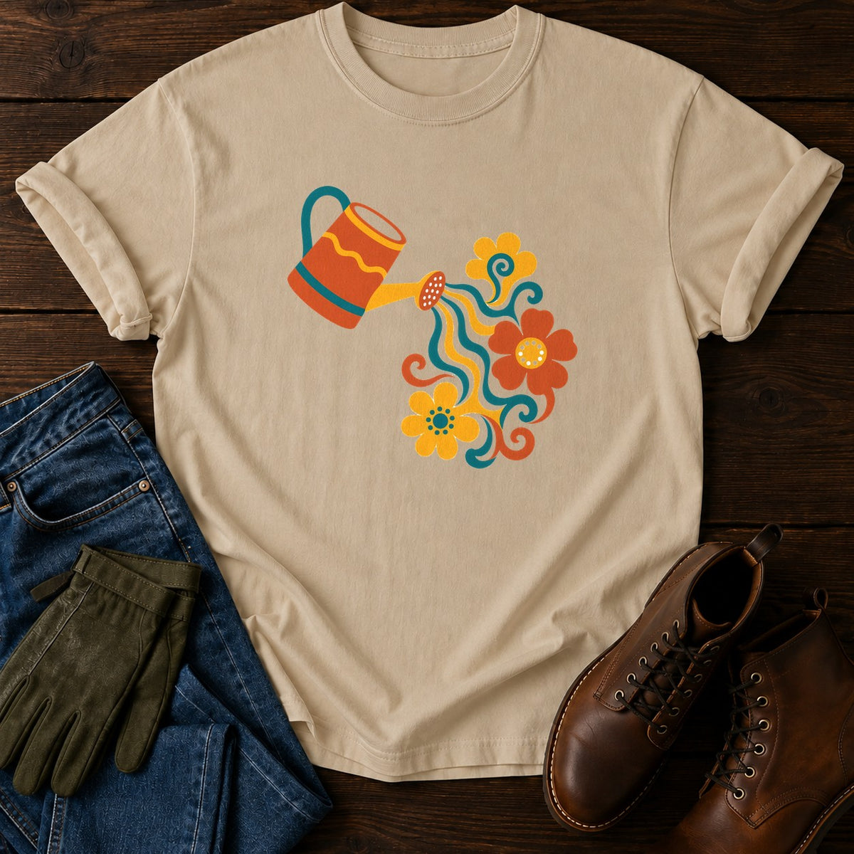 Wavy Watering Can T-Shirt — Sandstone