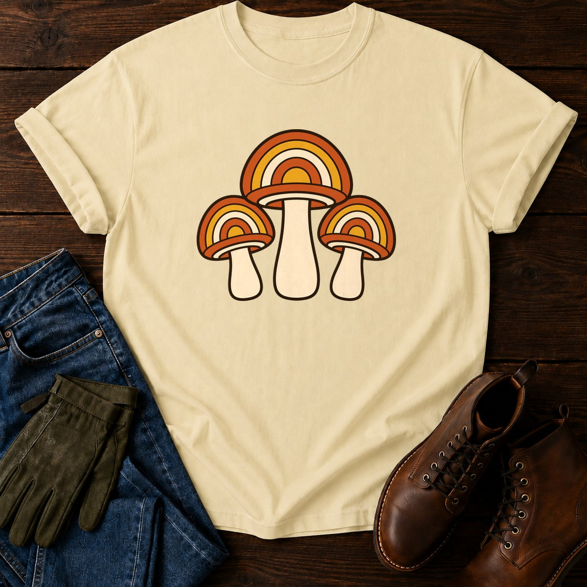 Retro Mushroom Trio T-Shirt — Butter