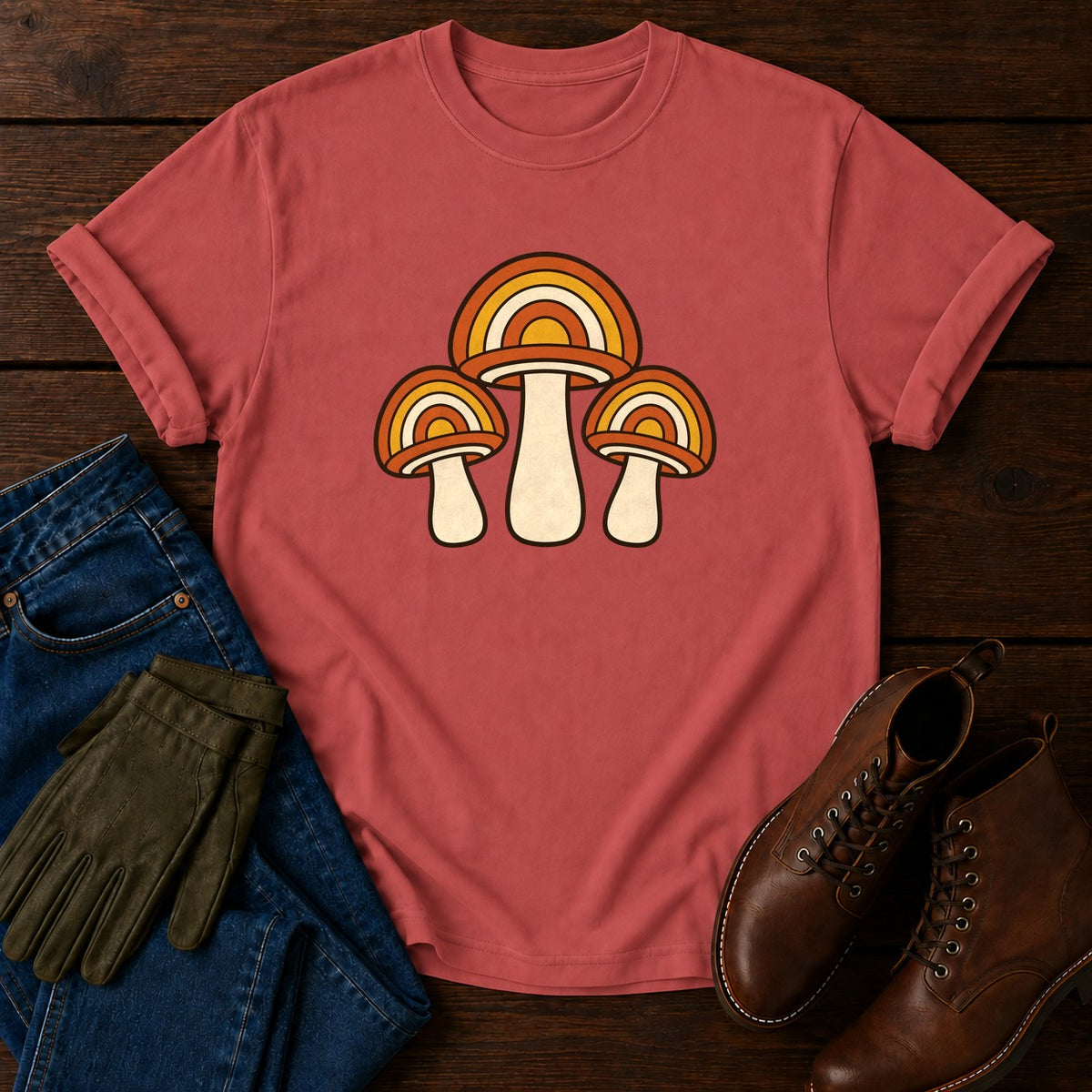 Retro Mushroom Trio T-Shirt — Crimson