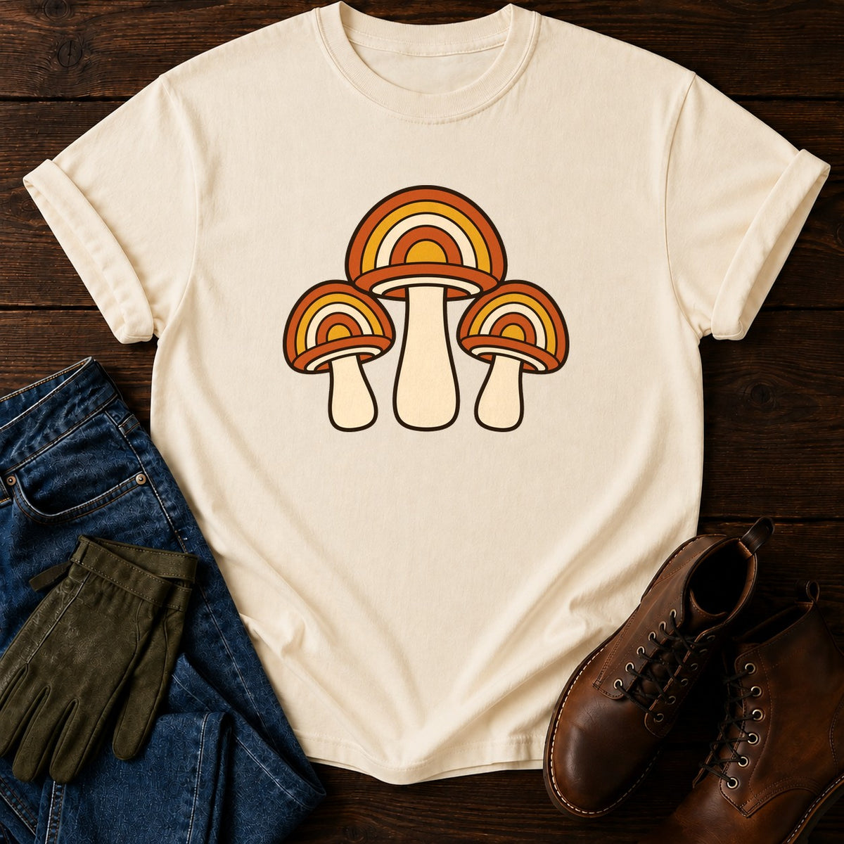 Retro Mushroom Trio T-Shirt — Ivory