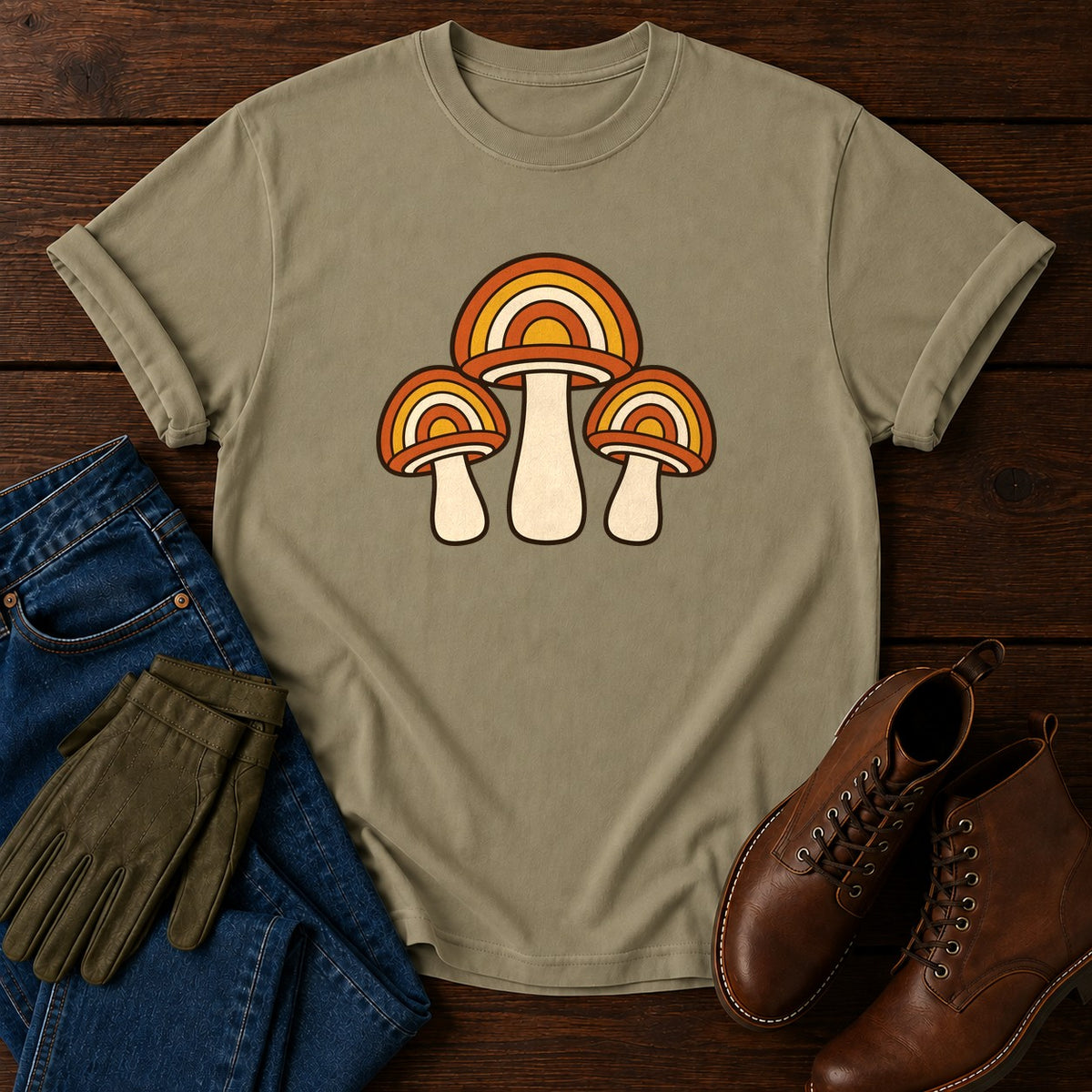 Retro Mushroom Trio T-Shirt — Khaki