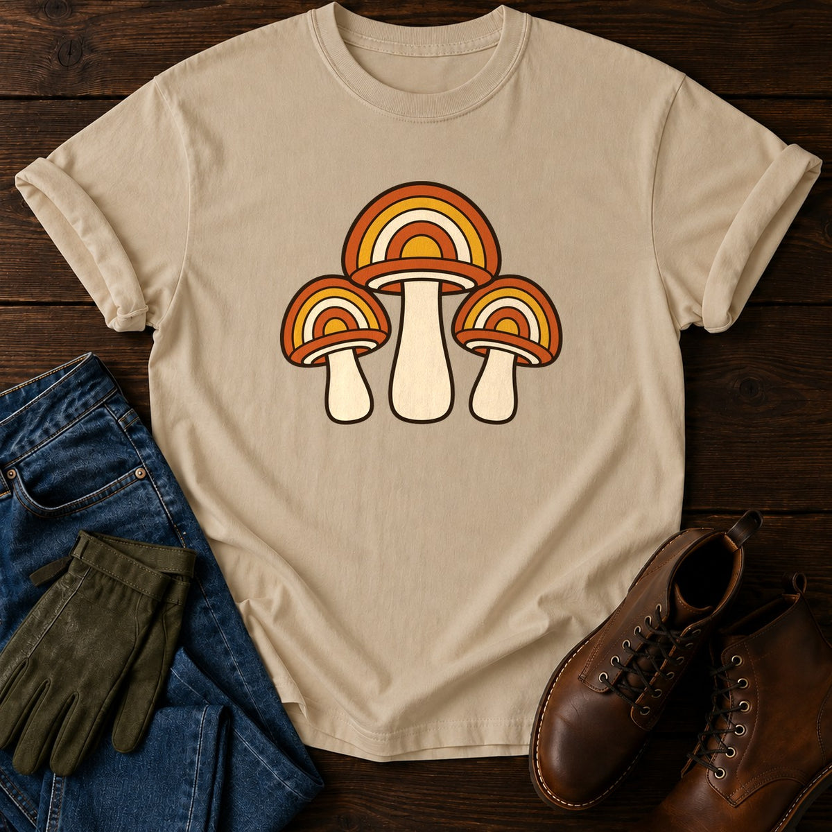 Retro Mushroom Trio T-Shirt — Sandstone