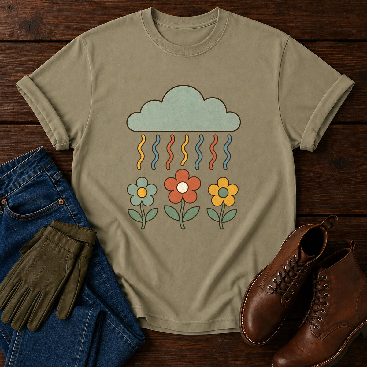 Retro Rain Cloud T-Shirt — Khaki