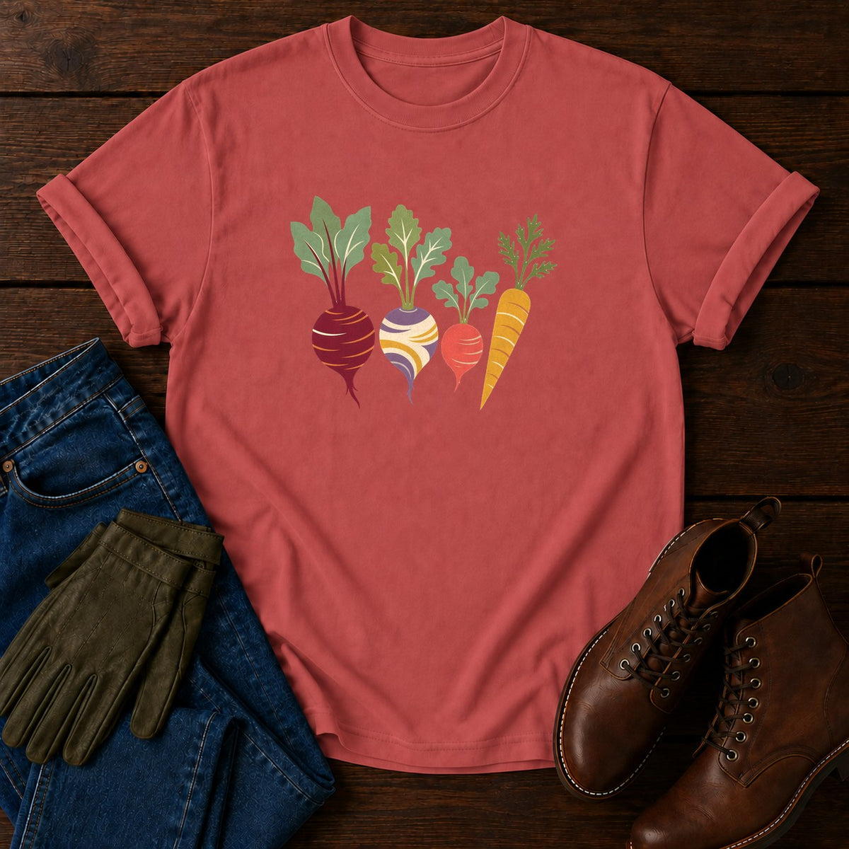 Groovy Root Veg T-Shirt — Crimson