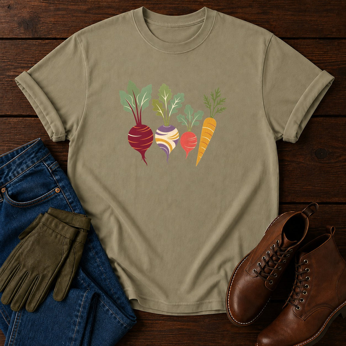 Groovy Root Veg T-Shirt — Khaki