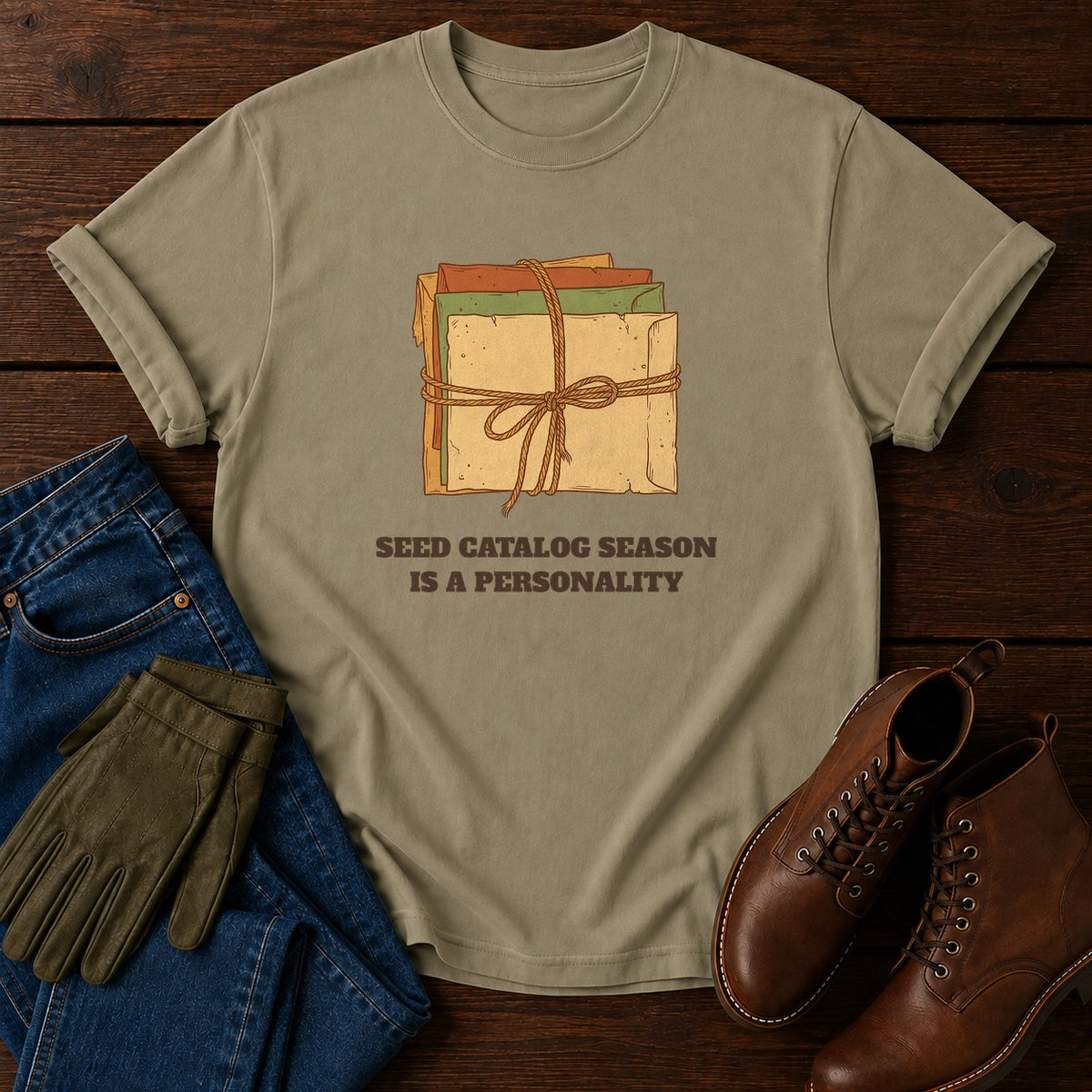 Seed Catalog Season T-Shirt — Khaki