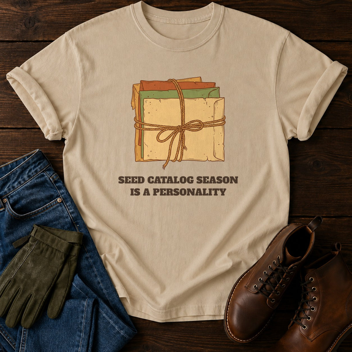 Seed Catalog Season T-Shirt — Sandstone
