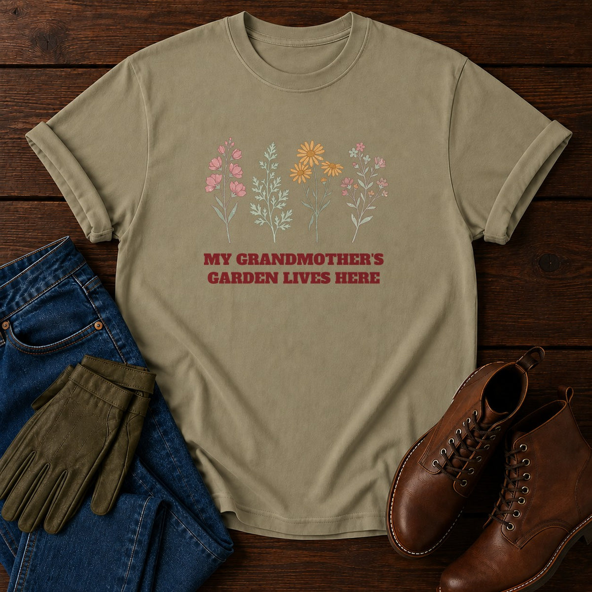 Grandmother's Garden T-Shirt — Khaki