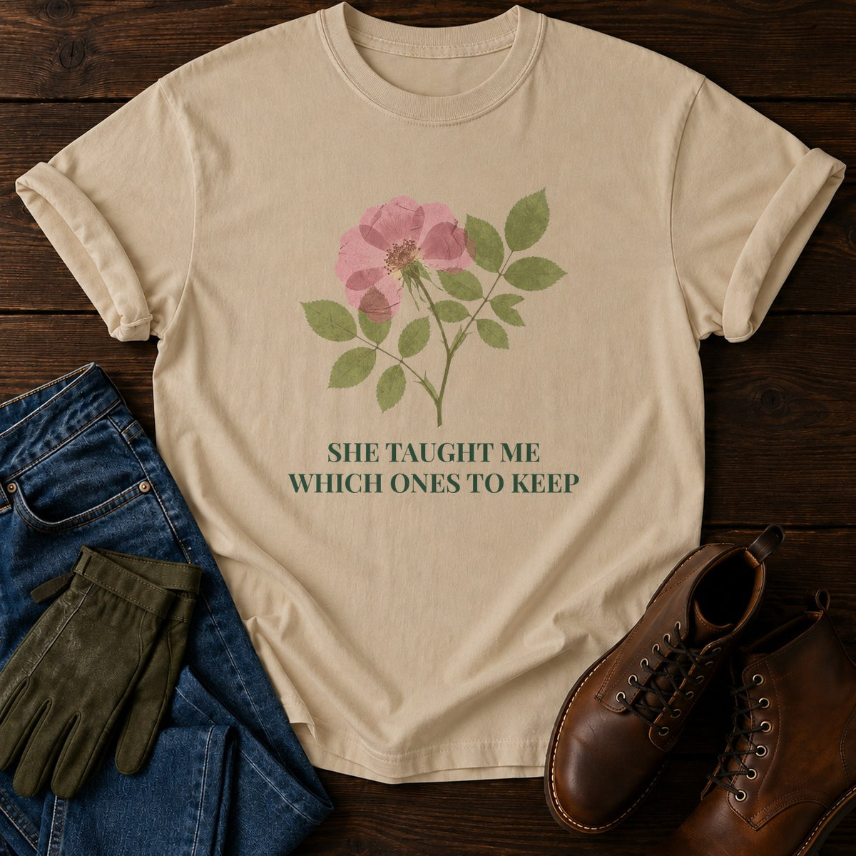 She Taught Me T-Shirt — Sandstone