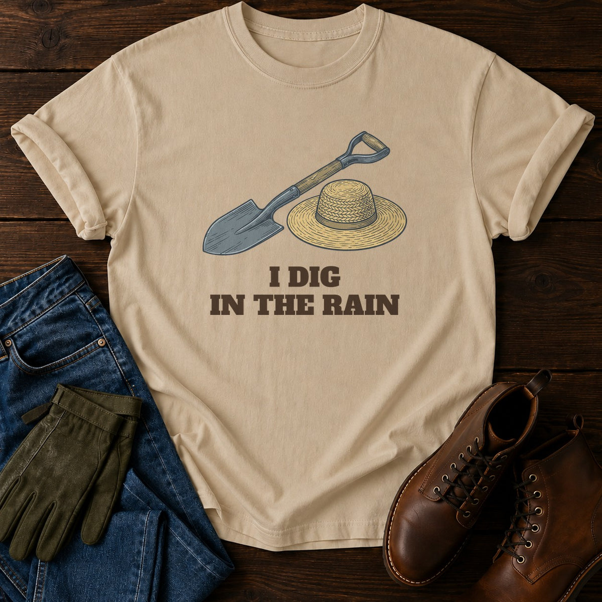 I Dig In The Rain T-Shirt — Sandstone