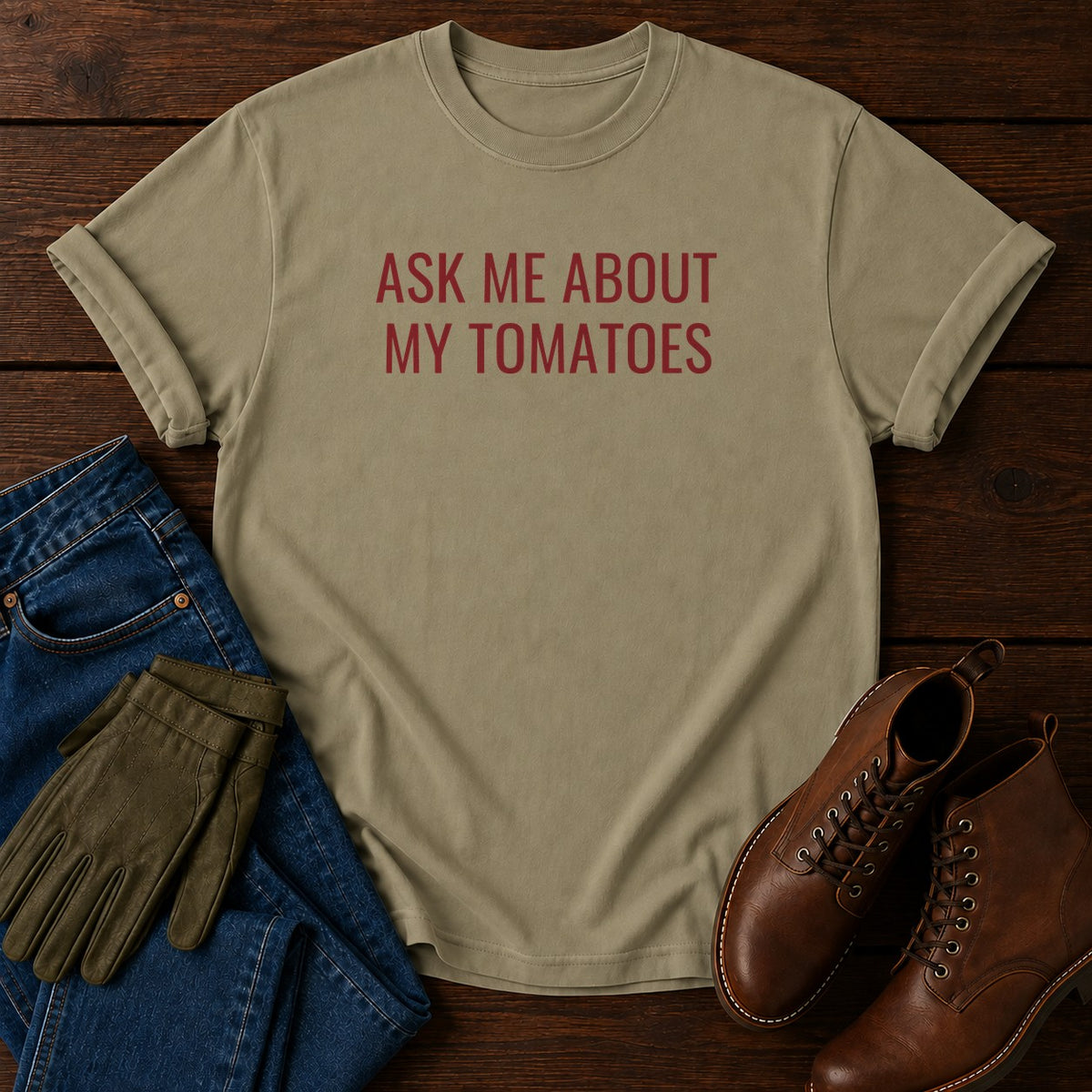 Ask Me About Tomatoes T-Shirt — Khaki