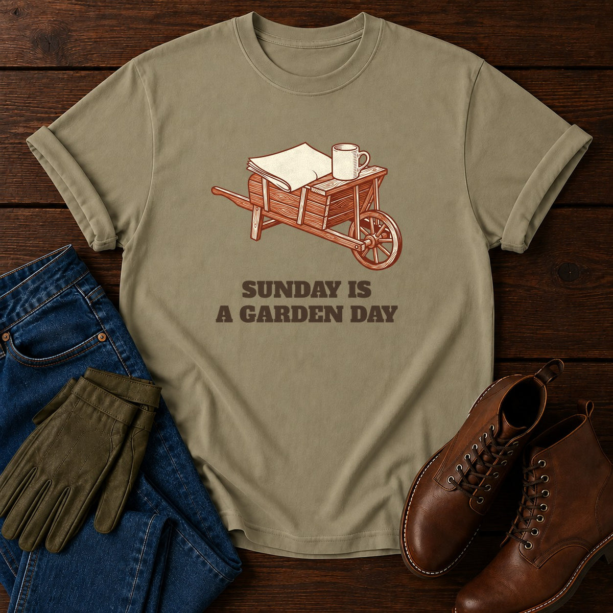 Sunday Is A Garden Day T-Shirt — Khaki
