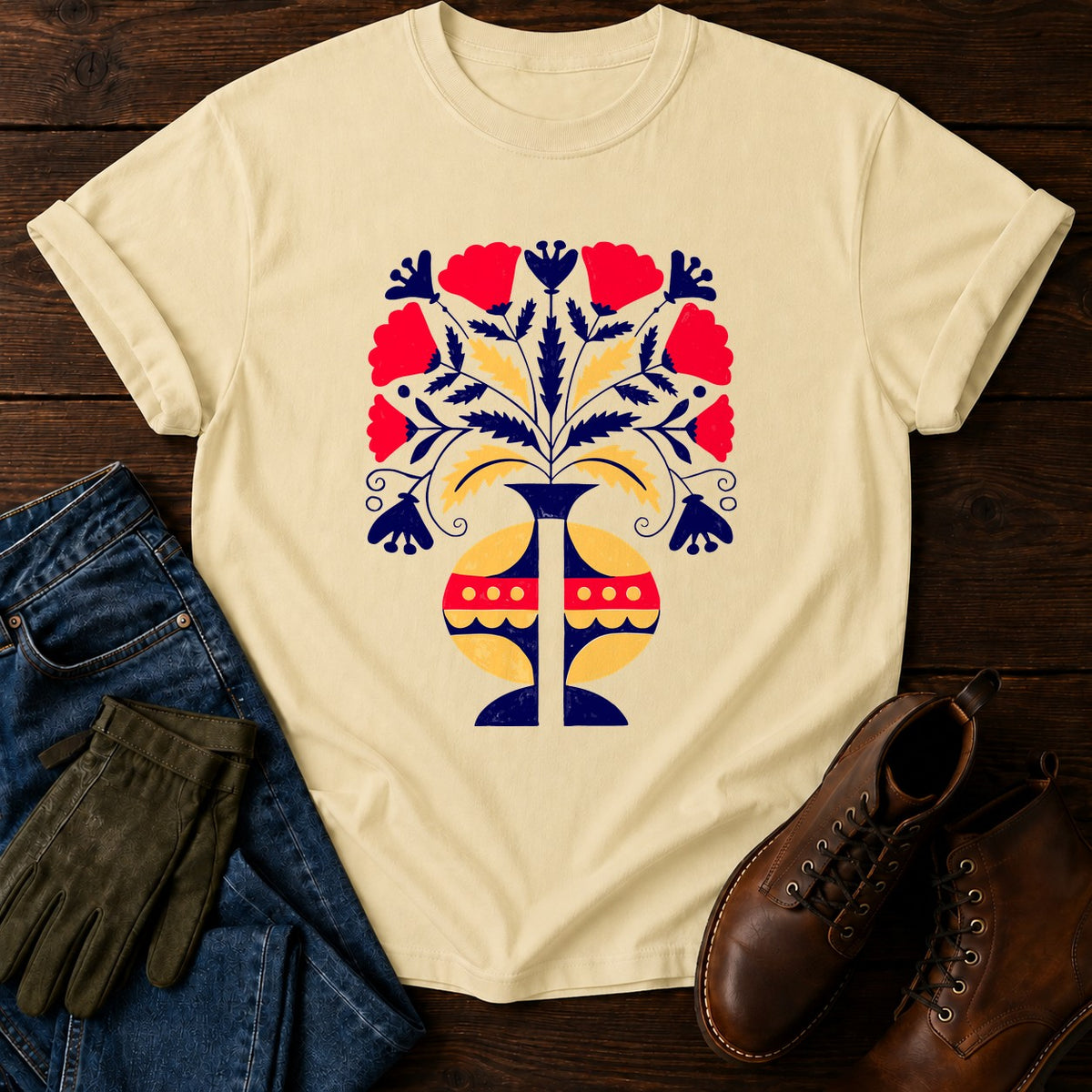 Folk Flower Symmetry T-Shirt — Butter