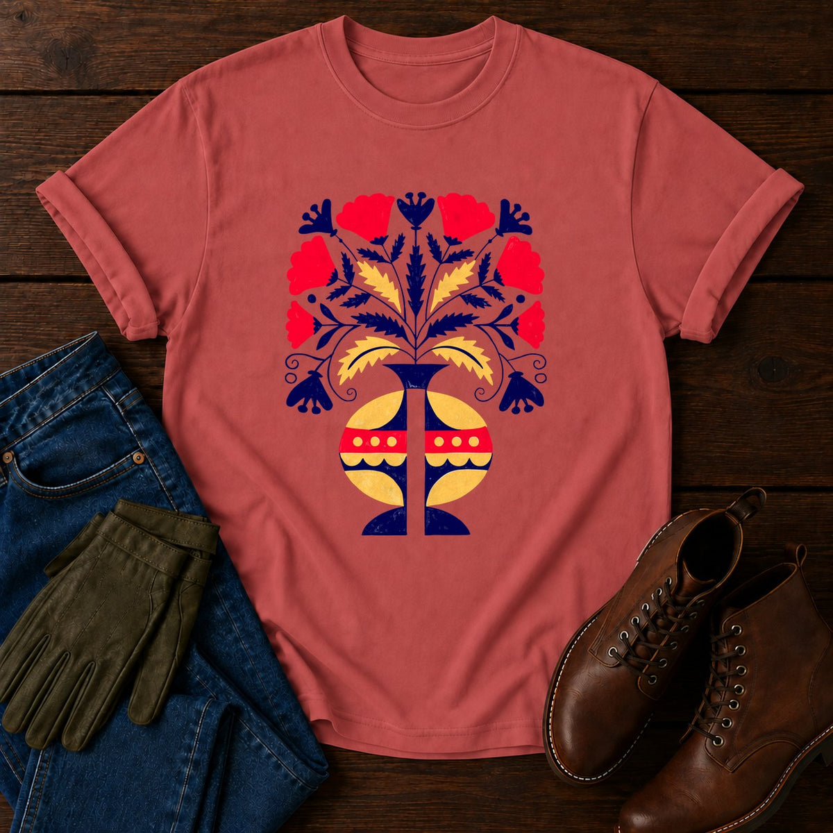 Folk Flower Symmetry T-Shirt — Crimson