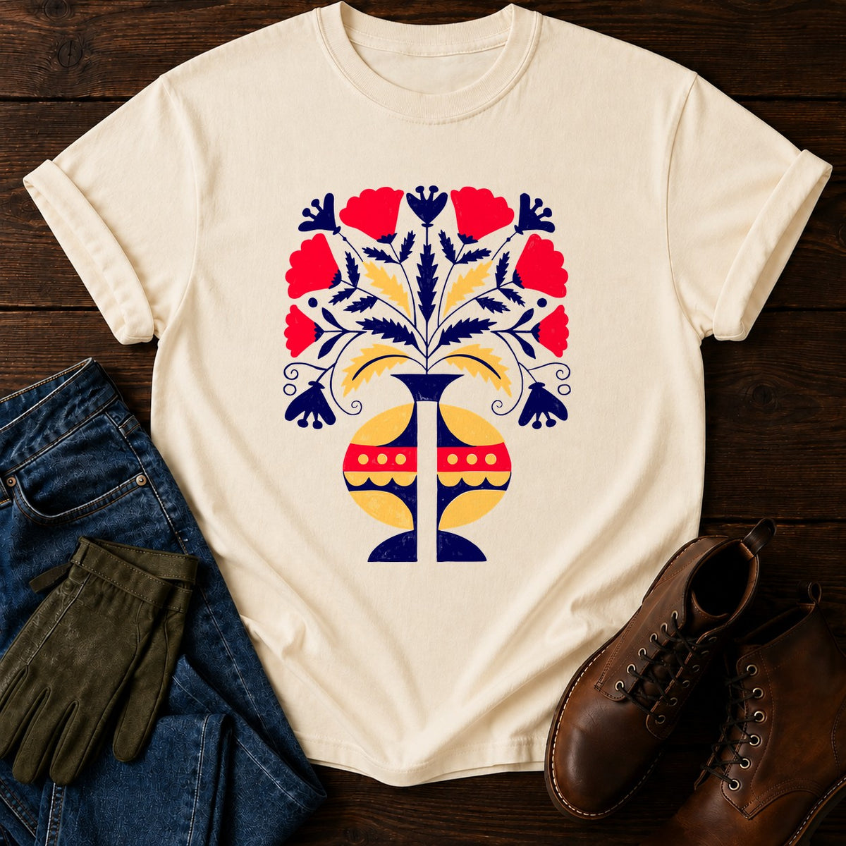 Folk Flower Symmetry T-Shirt — Ivory