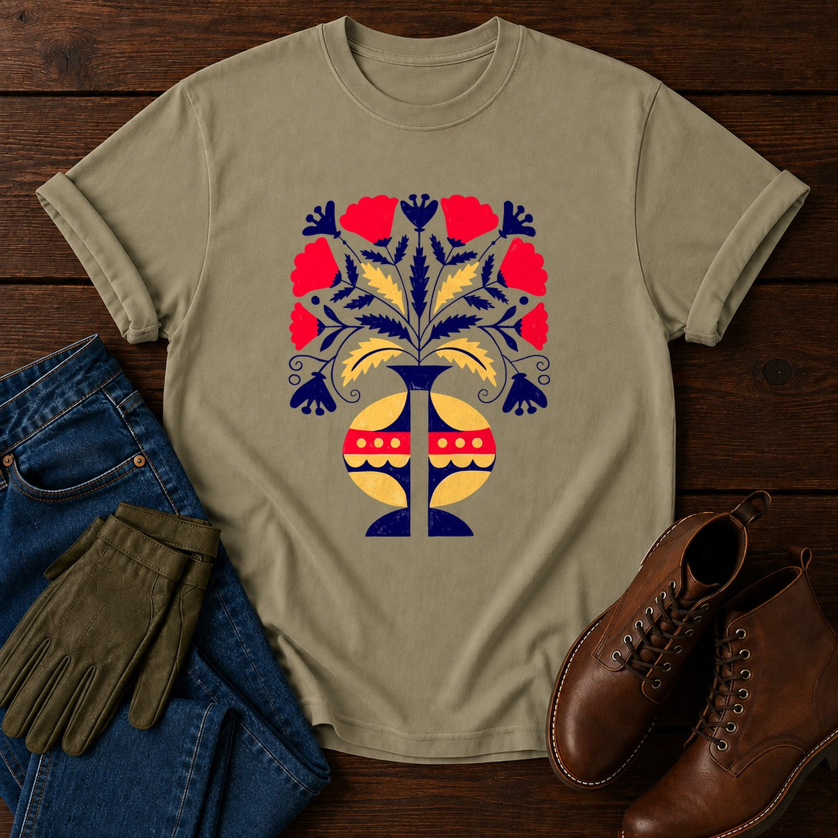 Folk Flower Symmetry T-Shirt — Khaki