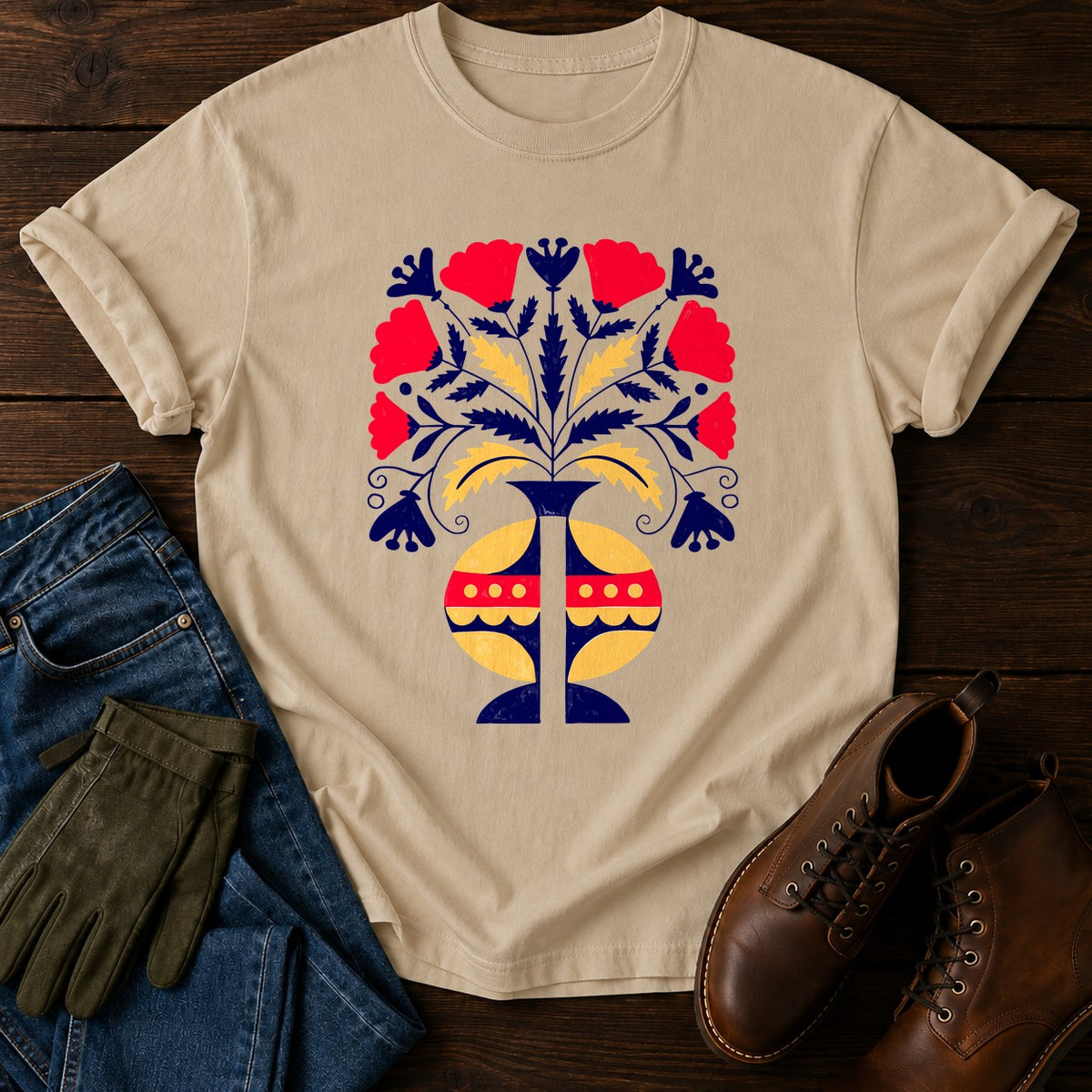 Folk Flower Symmetry T-Shirt — Sandstone